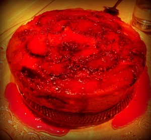 Peach cake with a raspberry and vanilla bean coulis